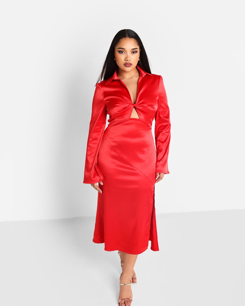 Front of a model wearing a size 3x Rebdolls Women's London Satin Flare Sleeve Midi Shift Dress W. Slit in Red by Rebdolls. | dia_product_style_image_id:327800